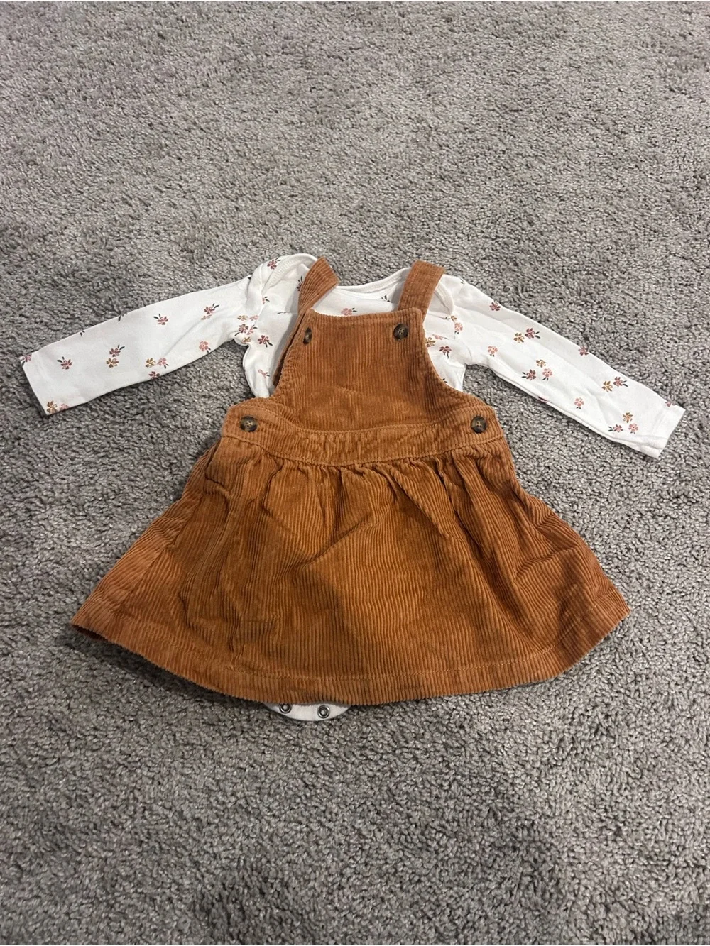 Carter's Tan Corduroy Pinafore Dress with White Floral Bodysuit